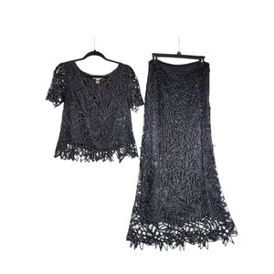 Vintage Silken Poetry 100% Silk Hand Crocheted Beaded Lace Maxi Skirt & Top Set